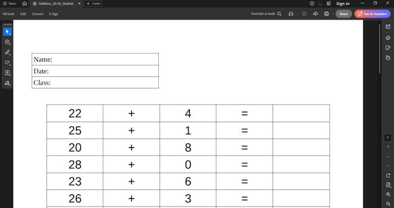 Math Worksheet 30 Problems Adding Addition Worksheets 20–30, 30 Printable PDF Worksheets Math Practice ...