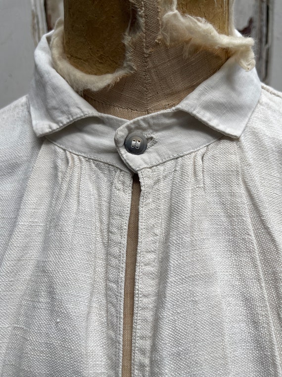 Antique French cream off white linen shirt dress … - image 3