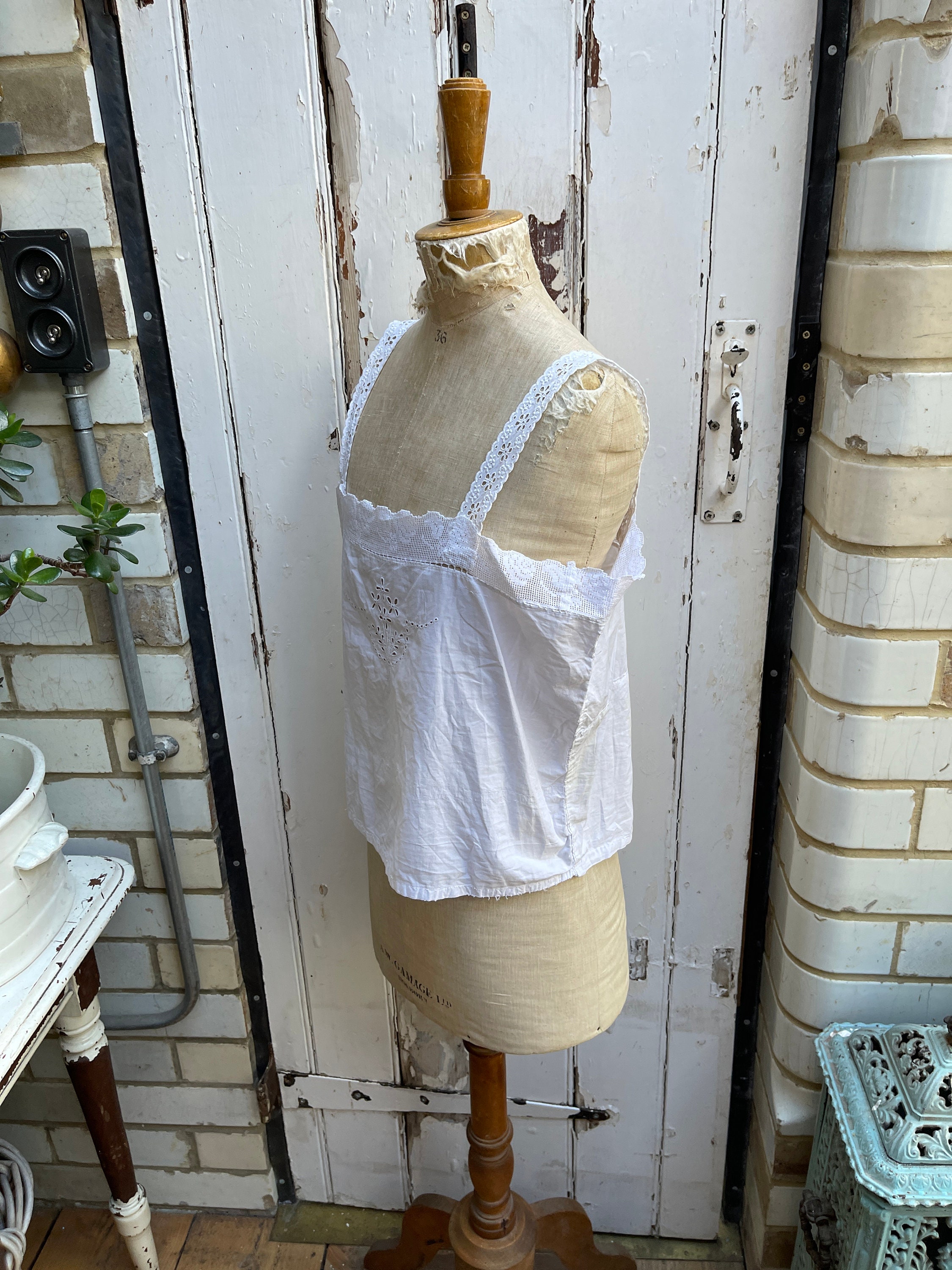 Antique White Cotton Camisole Top With Lace Top and Cut Out Detail
