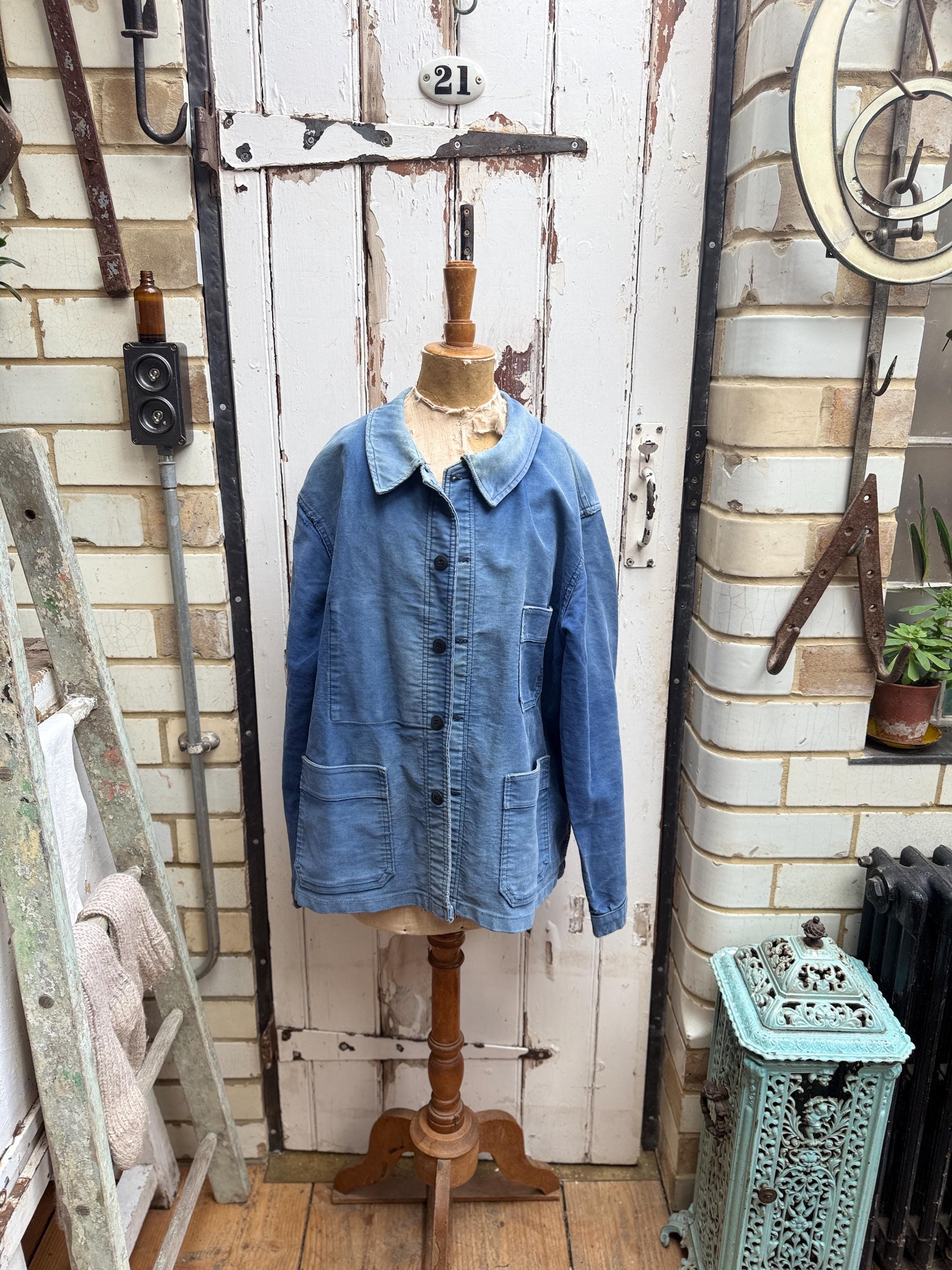 Antique French Mont St Michel Blue Cotton Moleskin Chores Jacket