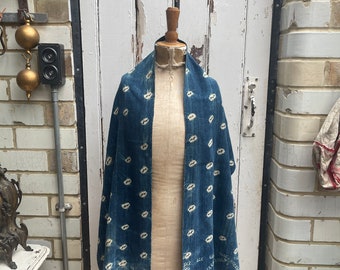 Antique handmade indigo blue cotton linen patterned scarf wrap shawl