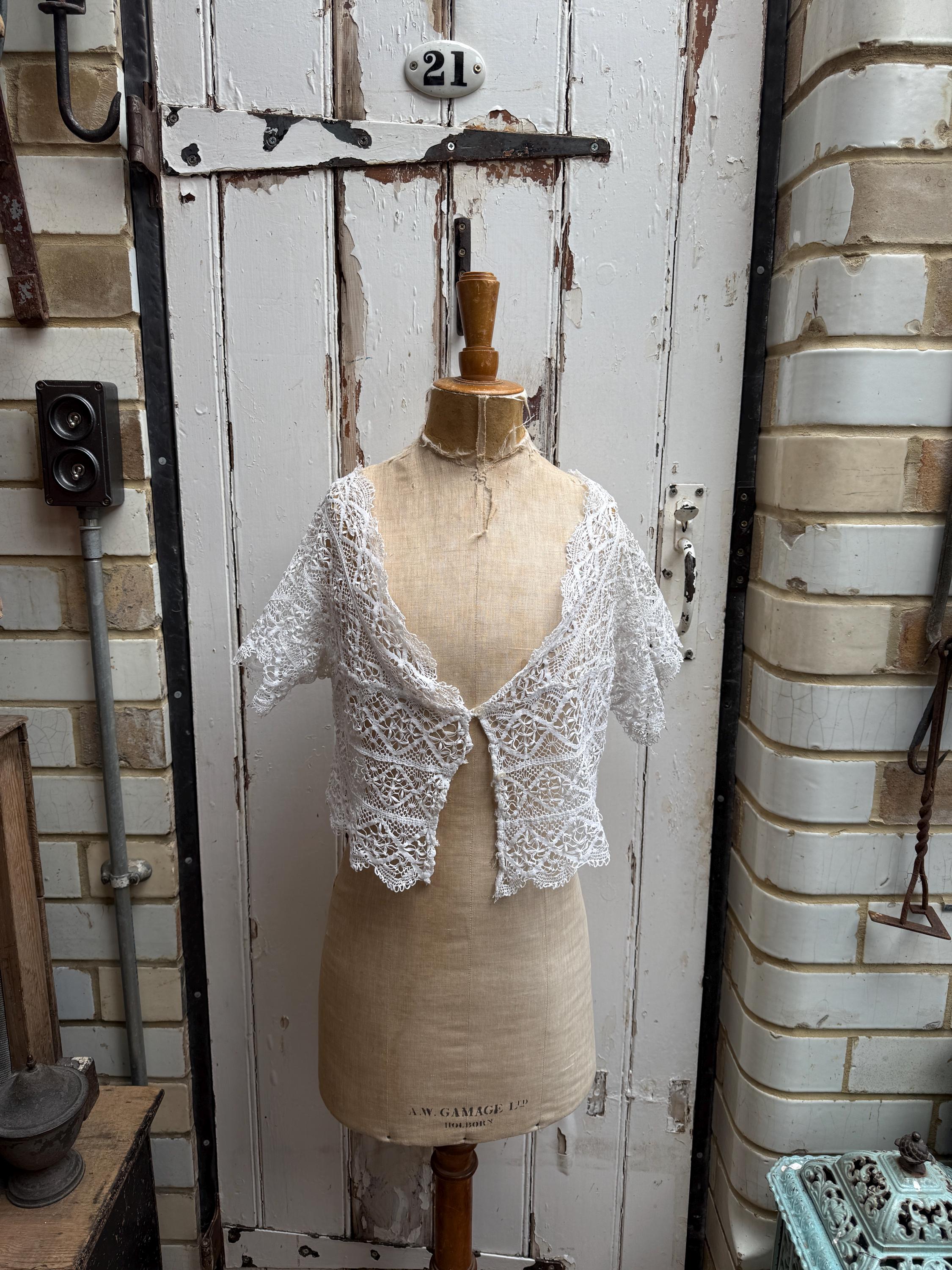 Antique handmade white lace top jacket size M