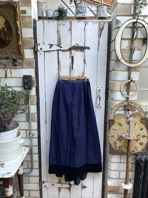 Antique French handmade blue cotton silk skirt si… - image 1
