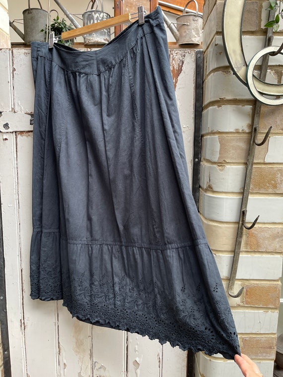 Antique handmade long black cotton skirt with tie… - image 10