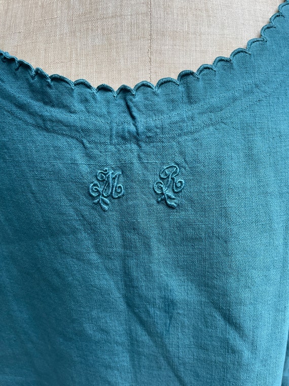 Antique French teal cotton dress initials MR size… - image 3