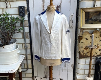 Antique vintage French white cotton sailor uniform top jacket blazer size S dated 1953