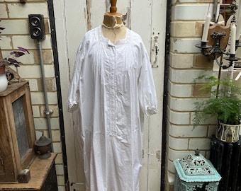 Antique French handmade white cotton dress nightdress long chemise size M