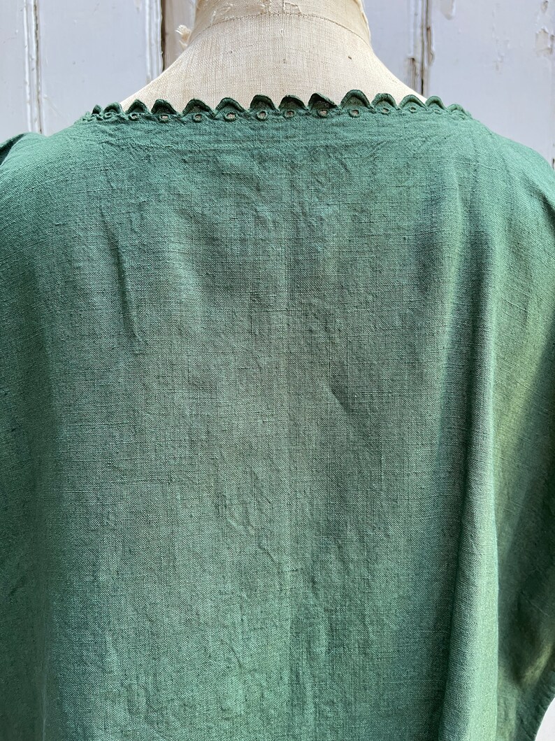 Antique French green linen shift dress initials DP size M image 7