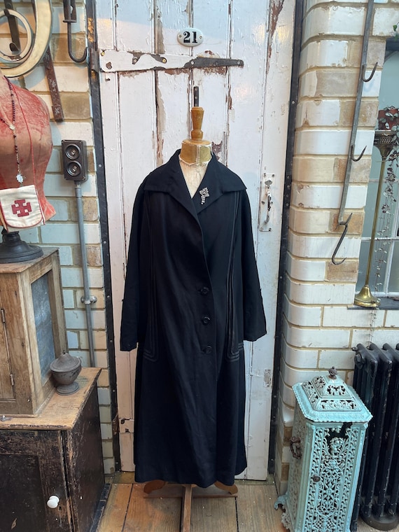 Antique French Handmade Black Cotton Coat: Pink Floral Lining