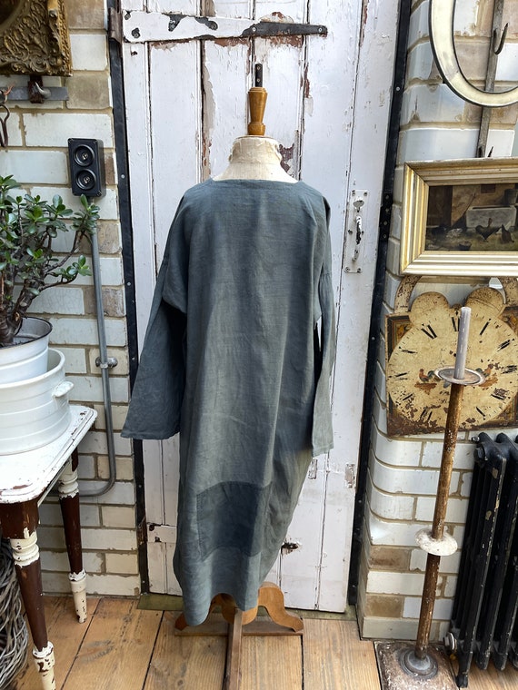 Antique French khaki green linen smock dress with… - image 6