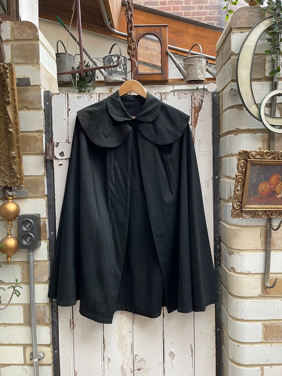 Antique French handmade black wool short cape wit… - image 1