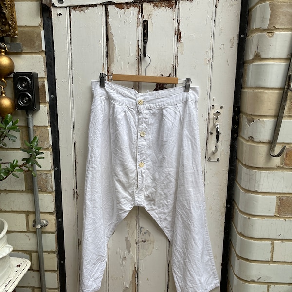Antique vintage Dutch mens white cotton long johns trousers shorts underwear sleepwear size M