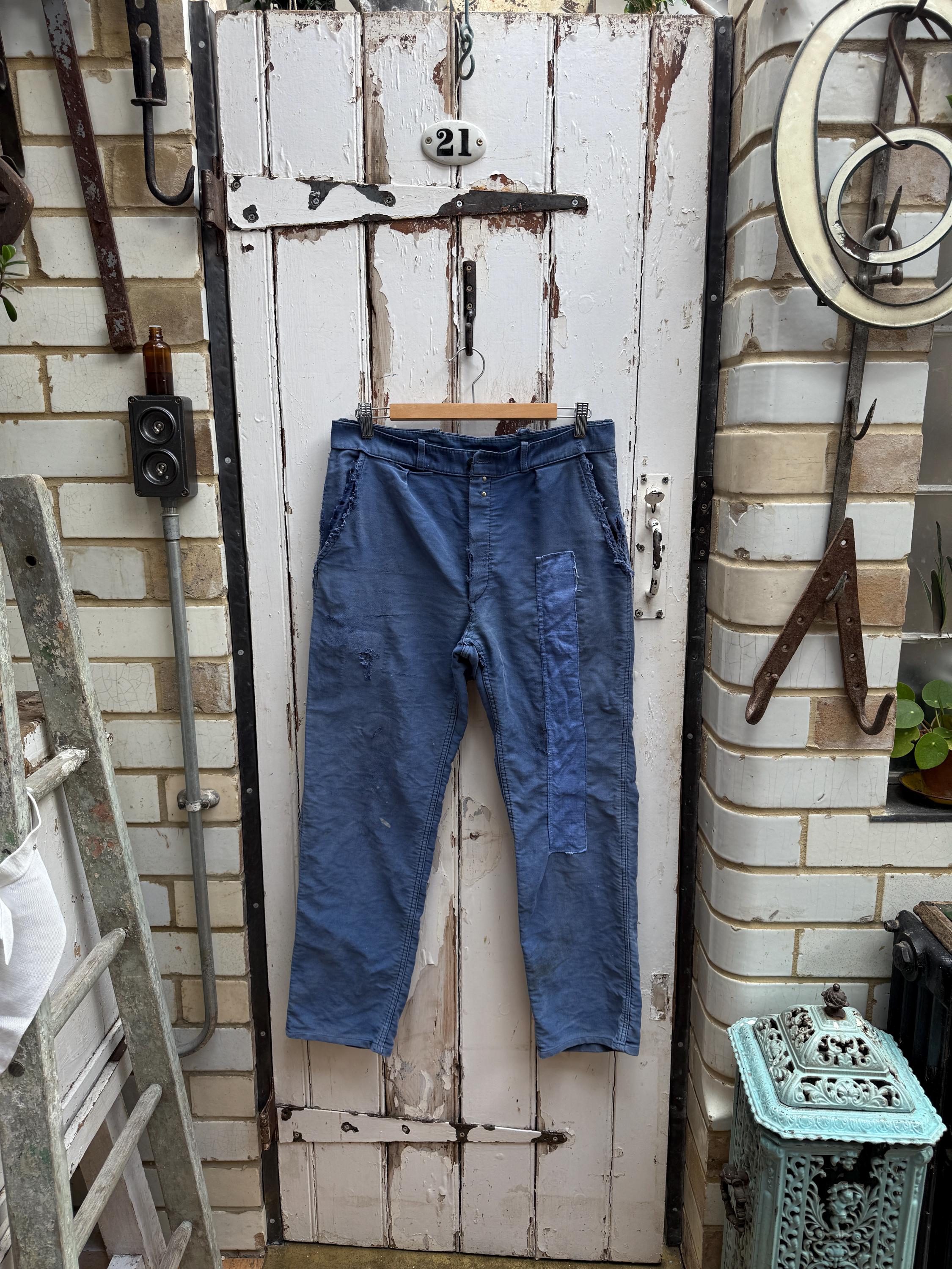 Antique French Mont Rouge Blue Cotton Moleskin Workwear Chores