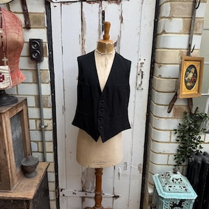 Antique French mens black wool waistcoat vest with cream striped lining size M