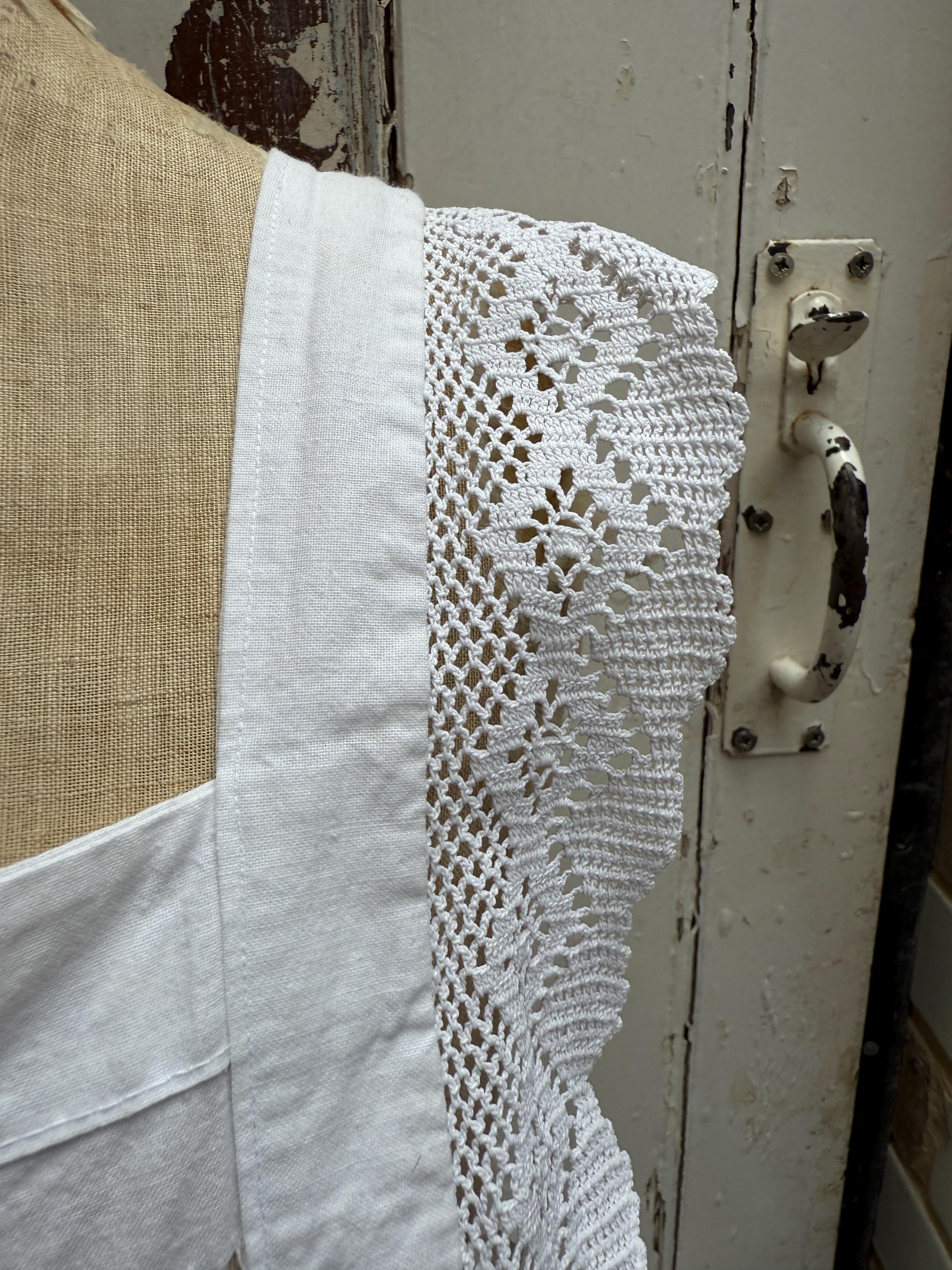 Antique White Cotton Pinafore Apron With Lace Trim at Shoulders