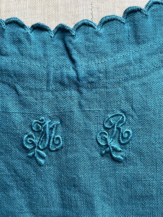 Antique French teal cotton dress initials MR size… - image 4