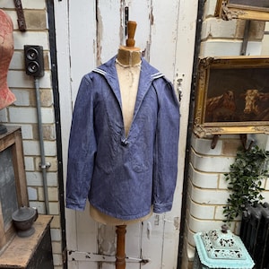 Antique vintage French blue cotton sailor uniform top jacket blazer size S 1969