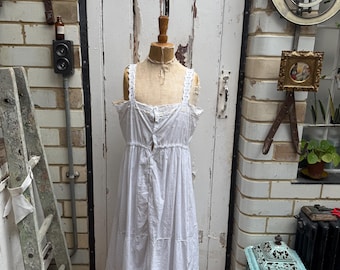 Antique French white cotton slip dress with embroidery and cut out detail size S