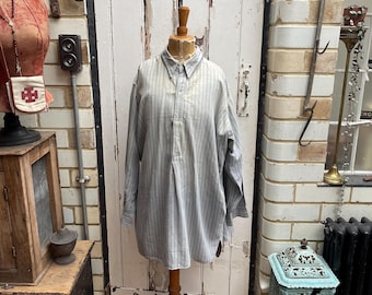 Antique vintage French Minerva grey blue striped cotton shirt size L