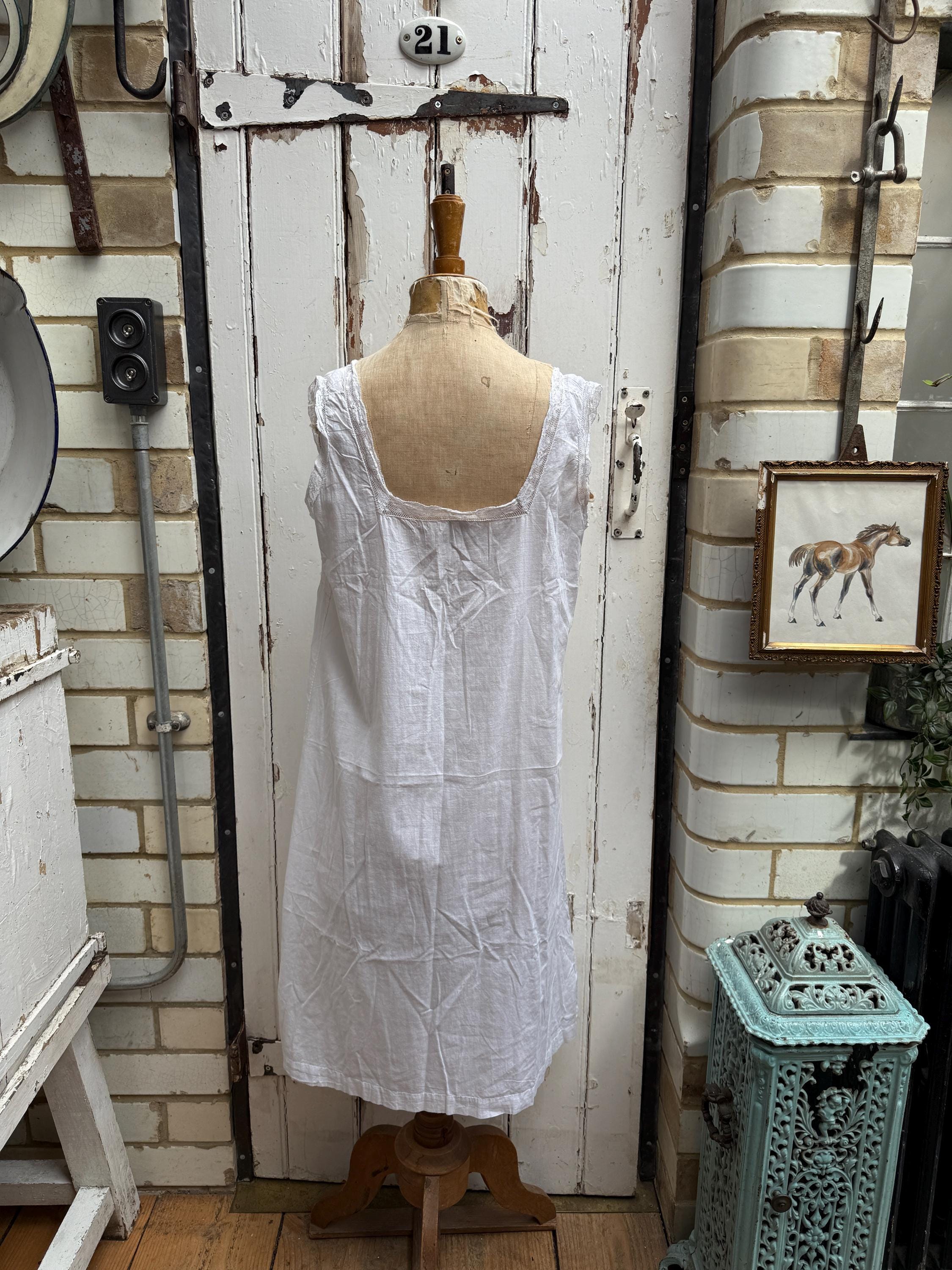 Antique French White Cotton Voile Dress With Embroidery and Lace