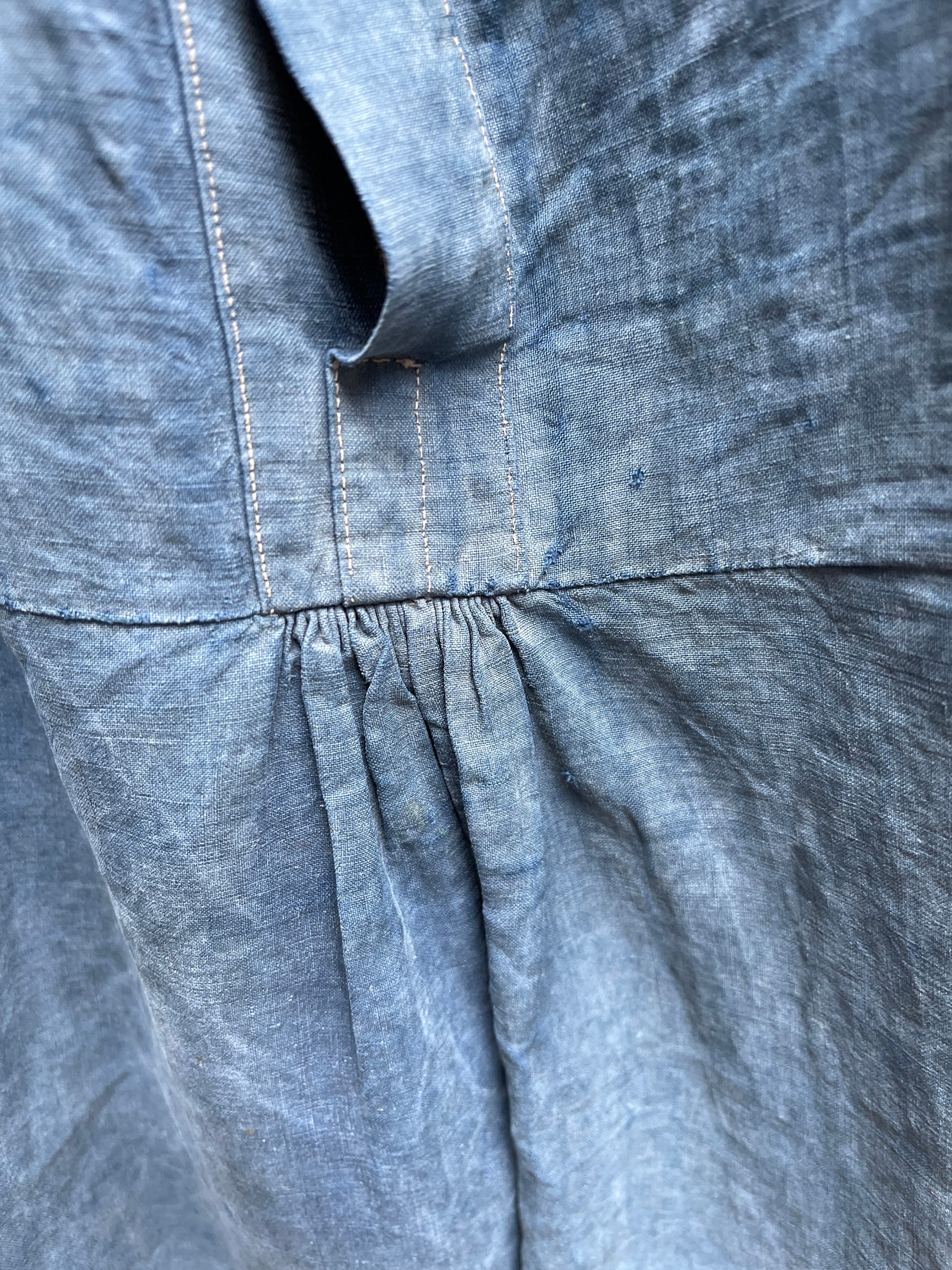 Antique French Handmade Indigo Blue Linen Biaude Smock One Size