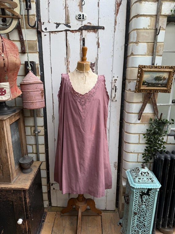 Antique French pink cotton shift dress with cut out detail initials ml size M