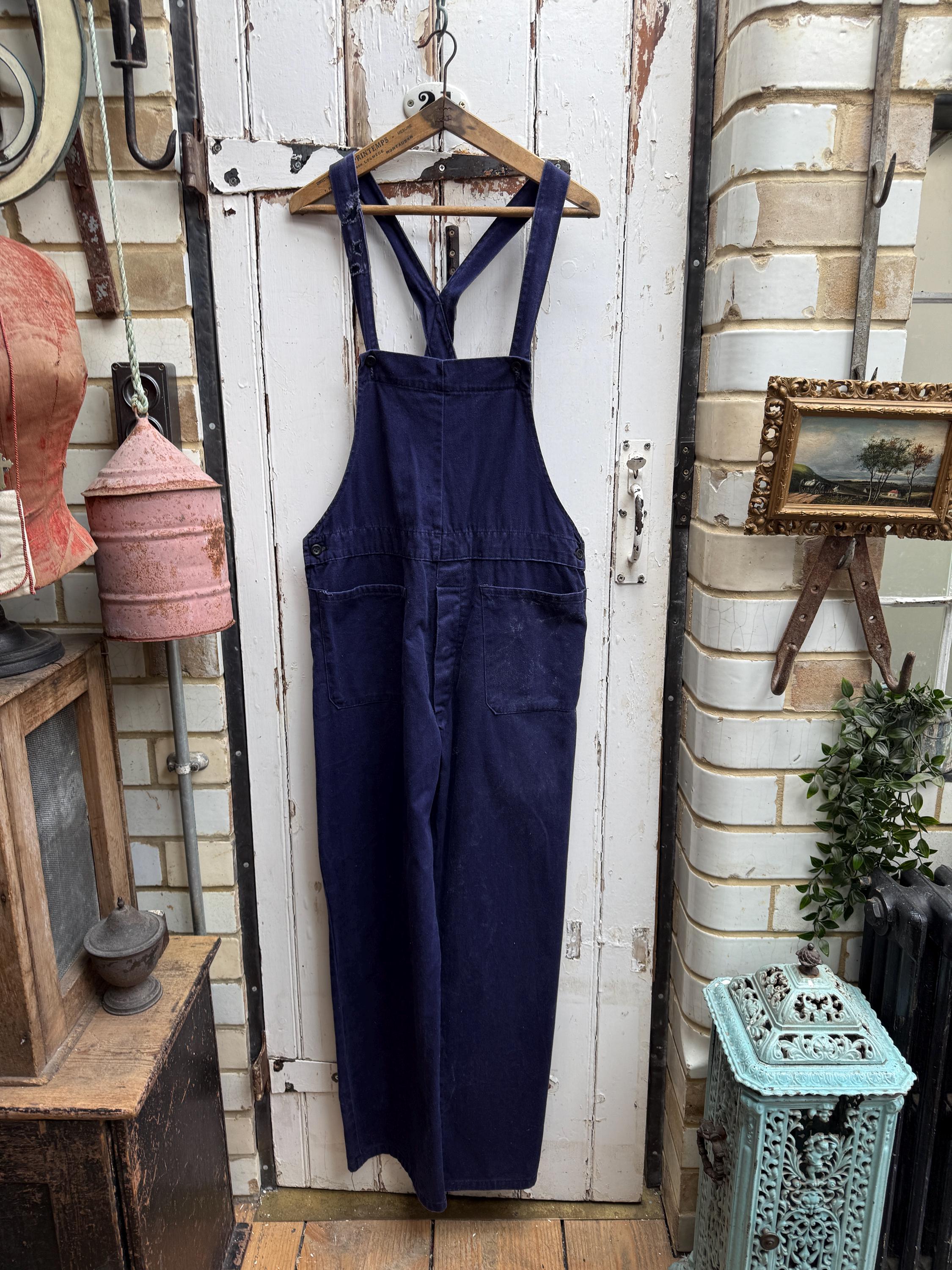 Vintage British WW2 Dark Blue Cotton Workwear Dungarees Overalls
