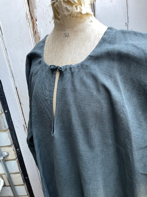 Antique French khaki green linen smock dress with… - image 9