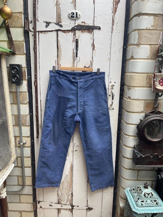 vintage FrenchWork duck pants サスペンダーセット Antique French Mont St Michel Blue Cotton Moleskin Workwear Chores