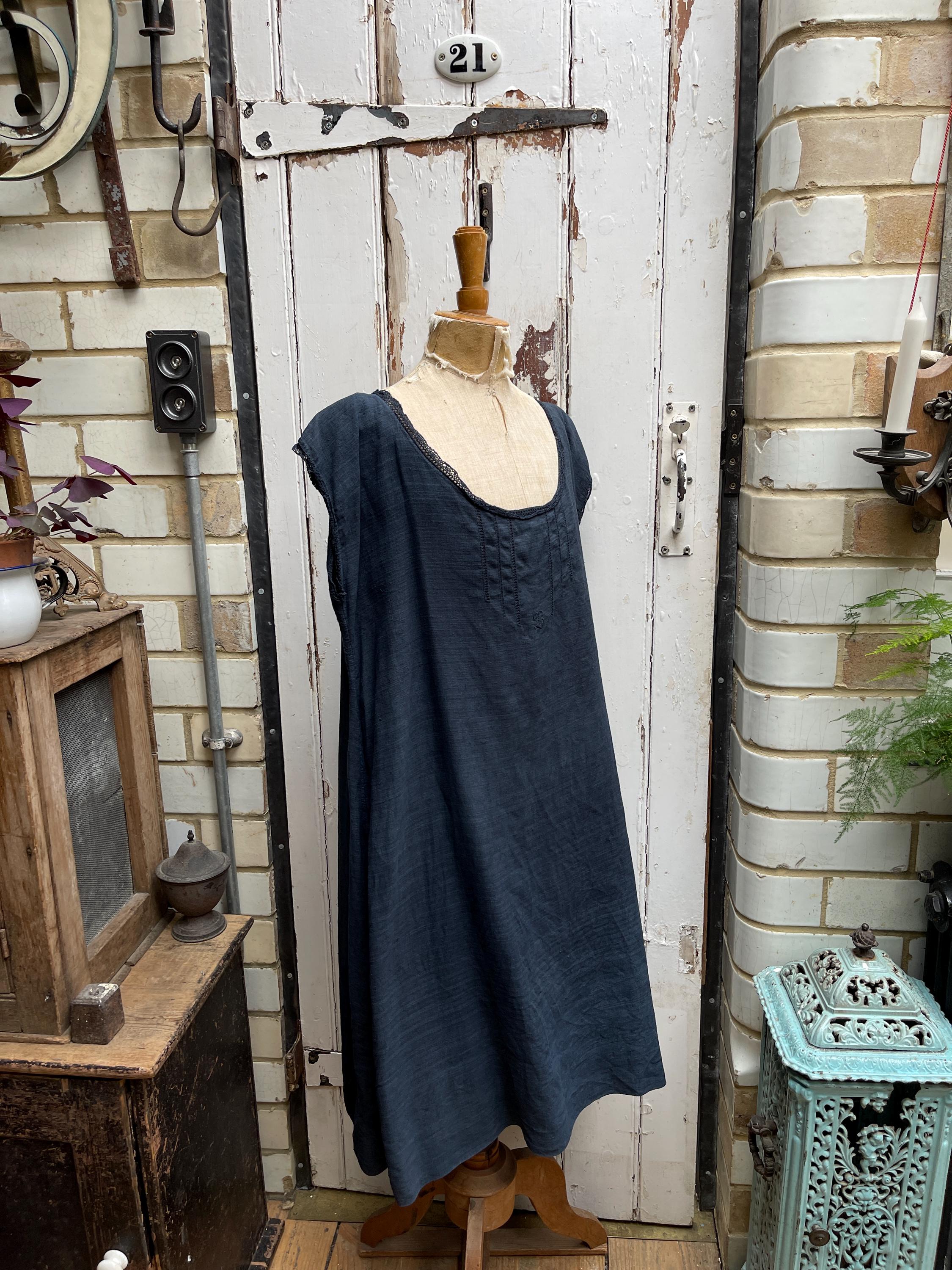 Antique French Dark Inky Blue Linen Shift Dress Initial L