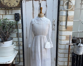 Antique French white cotton voile nuns petite convent dress with purse bag size XS 8/10
