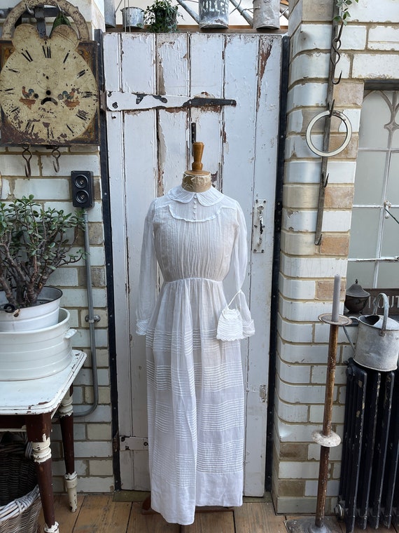 Antique French Cotton Voile Dress: XS Convent Nuns Dress with Purse