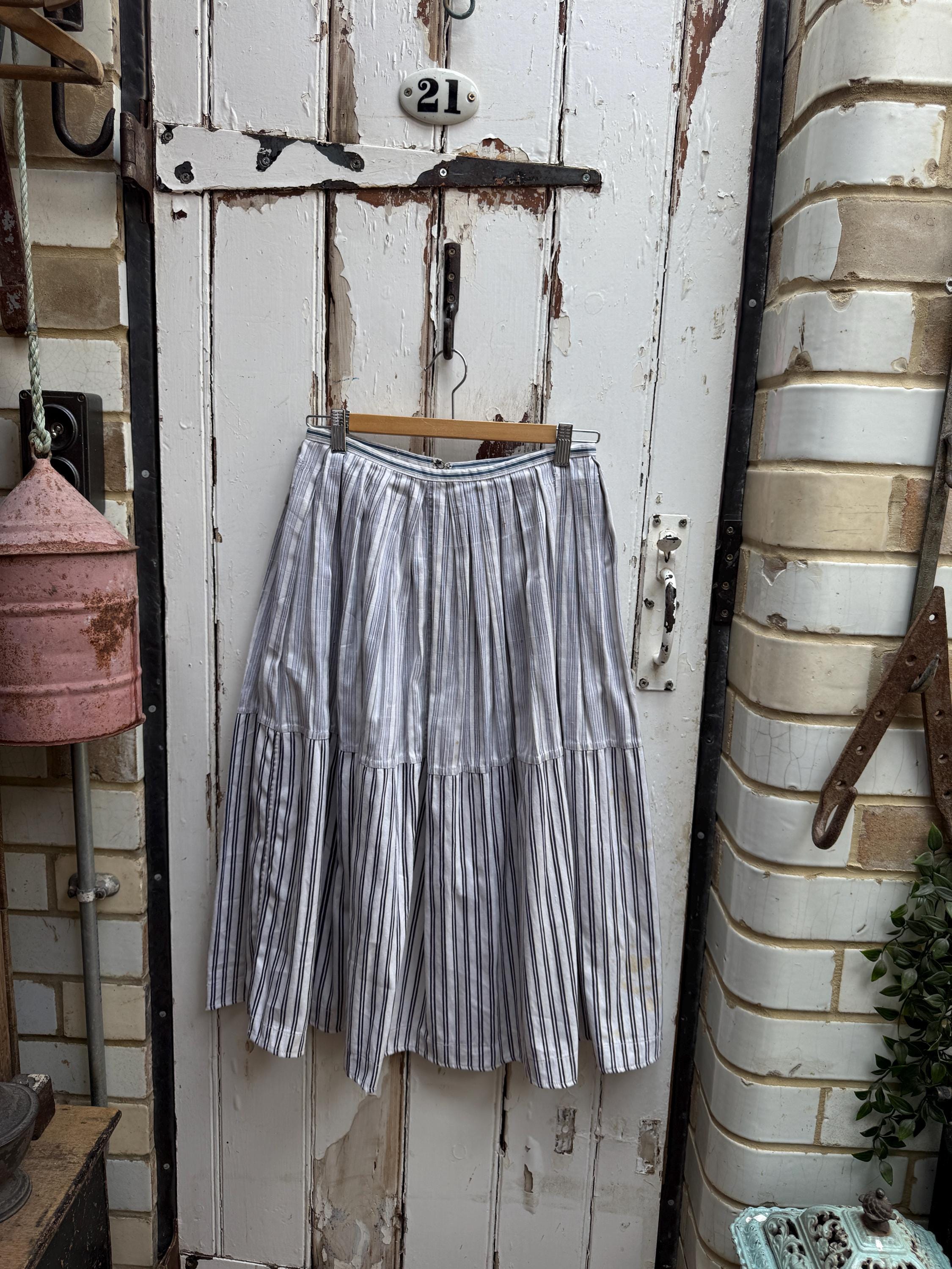 Antique French handmade striped cotton skirt size S