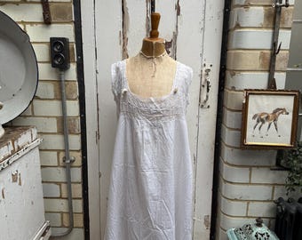 Antique French white cotton voile dress with embroidery and lace detail size S