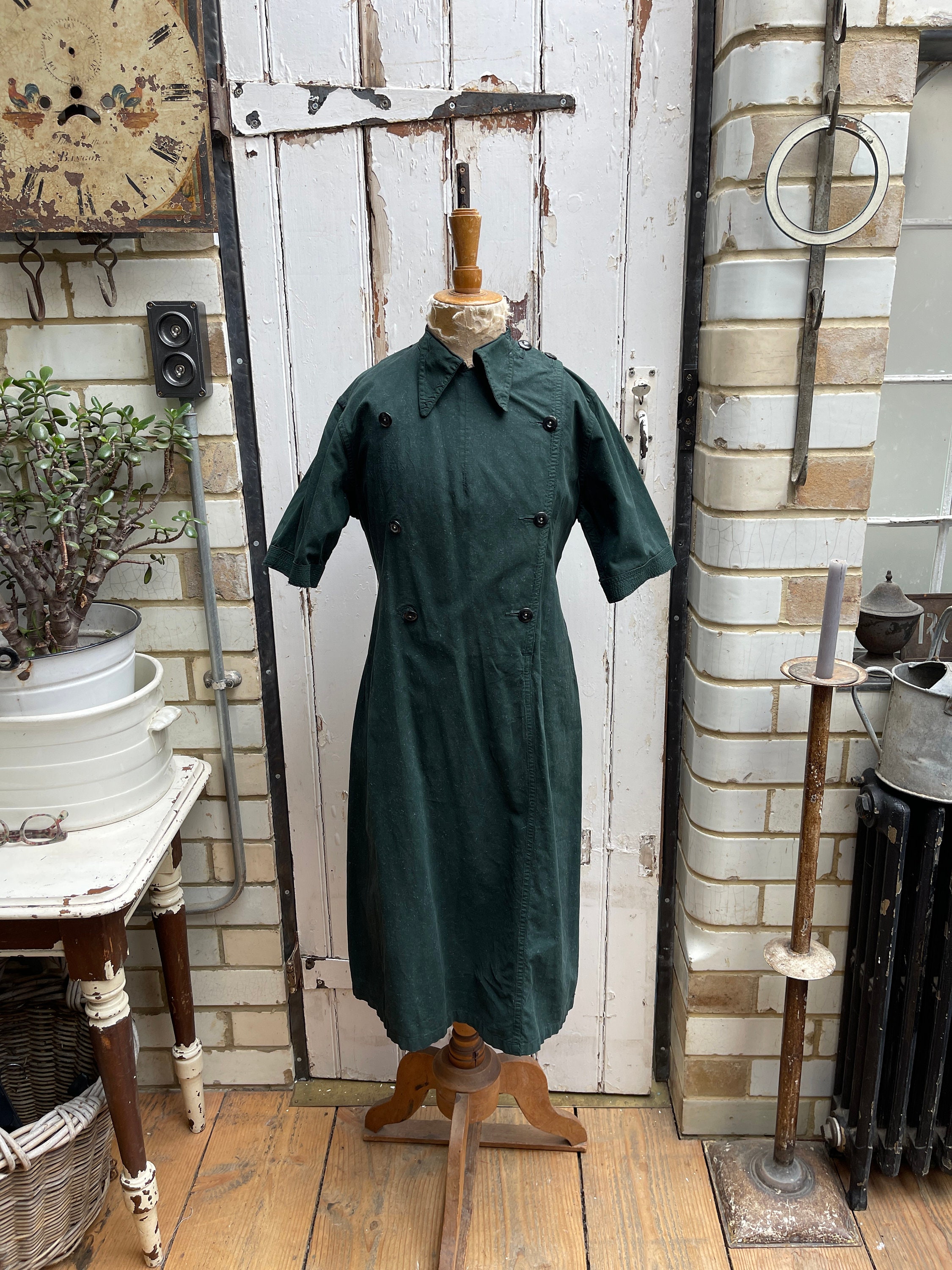 Antique British Dark Green Cotton WW2 Womens Dress Overalls 