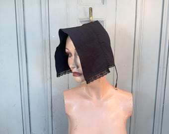 Antique Dutch black cotton hood bonnet with lace trim size S