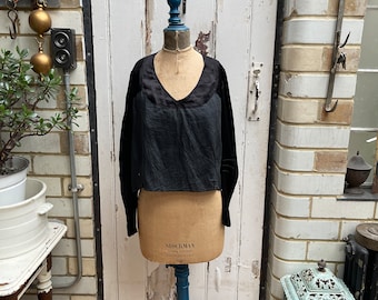 Antique vintage French handmade black silk blouse top size S/M