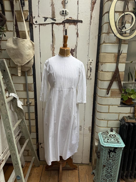 Antique French Handmade Plain White Cotton Shift Dress Size Xs UK 8