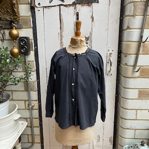 Antike französische schwarze Baumwolle Bluse Top Gr S/M