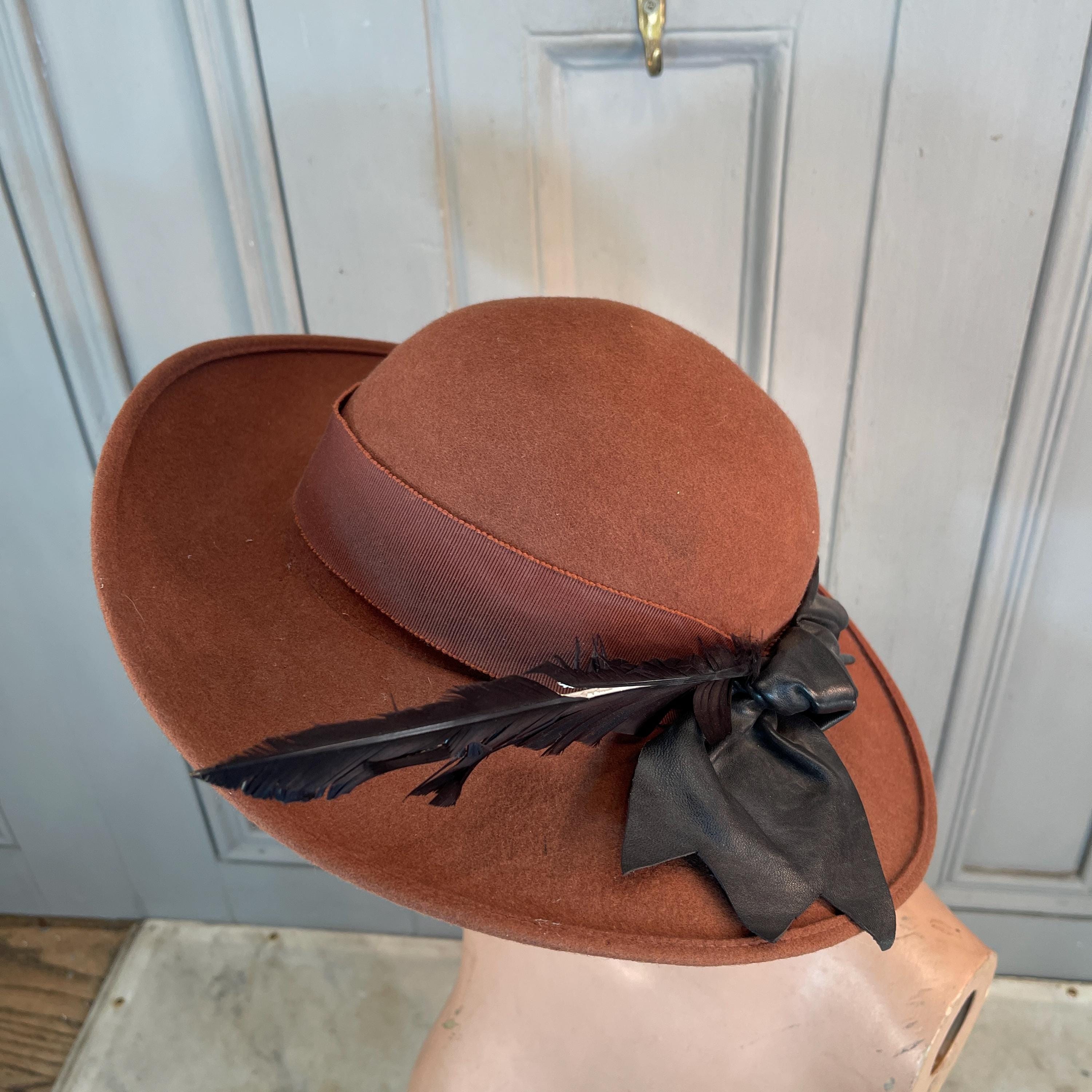Vintage Michelle Brown Wool Hat w Satin bow New In ? Thea Porter Couture, 70s Angel sleeve smocked silk  main image 2
