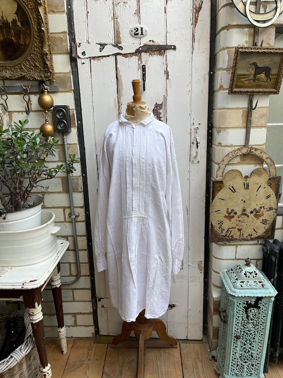 Antique French Linen Chemise Dress: Unbleached Flax Hemp, Pleat Detail (Size L)