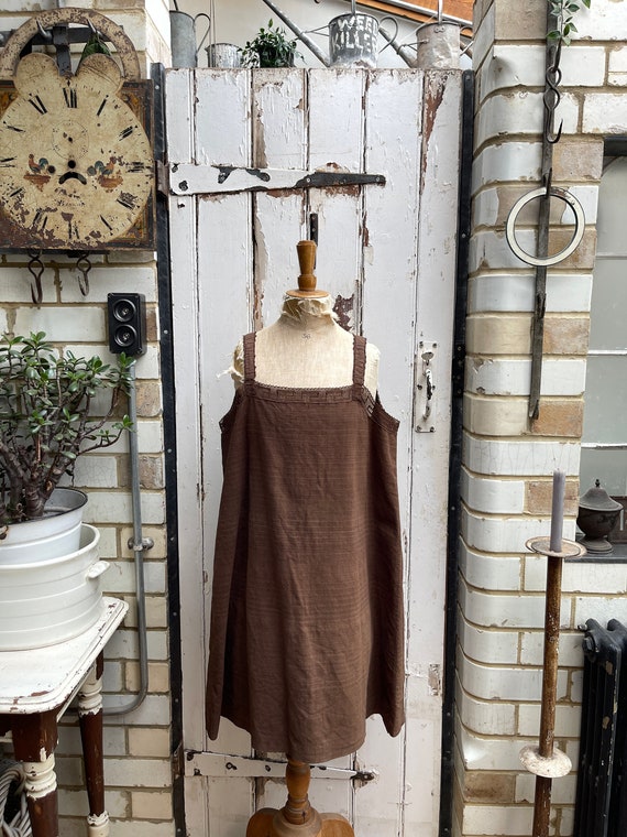 Antique French chocolate brown linen shift dress s