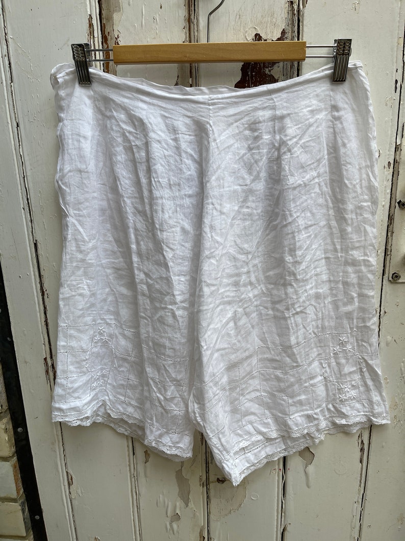 Antique French lingerie white soft cotton voile shorts with embroidery and lace trim size M/L image 2