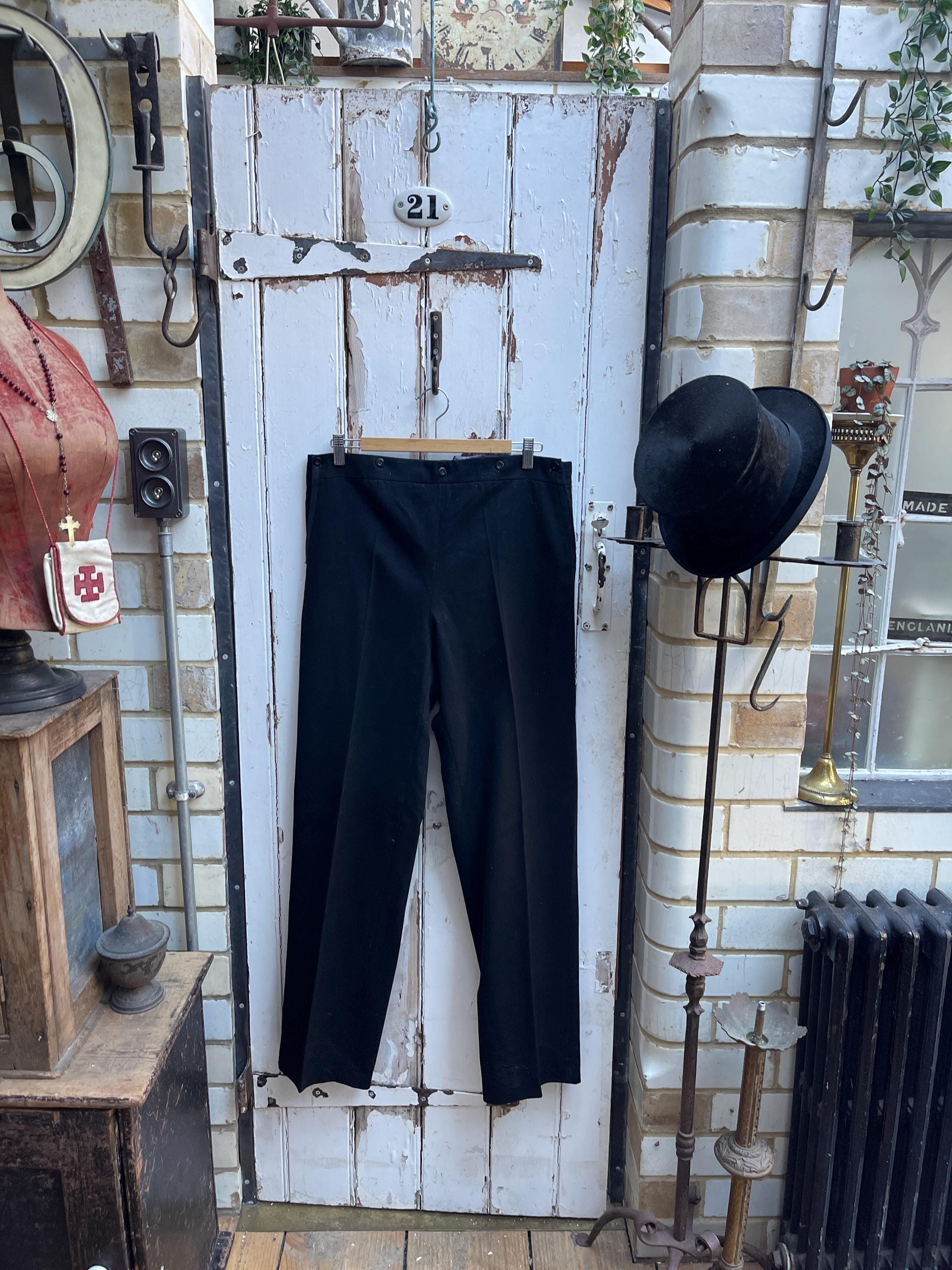 Antique French Mens Black Wool Sailor Style Drop Front Trousers