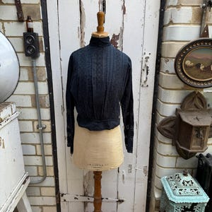 Antique French handmade black cotton blouse with lace neck and panels size S