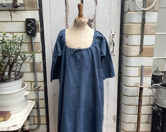 Antique French blue linen cotton metis dress size M/L