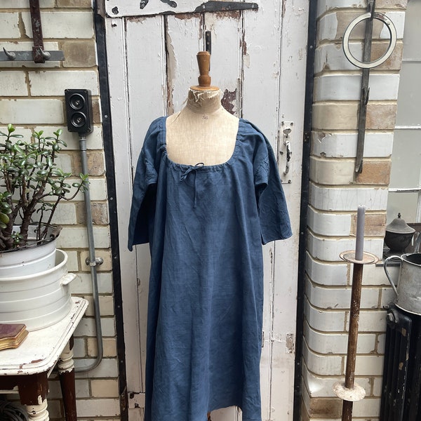 Antique French blue linen cotton metis dress size M/L