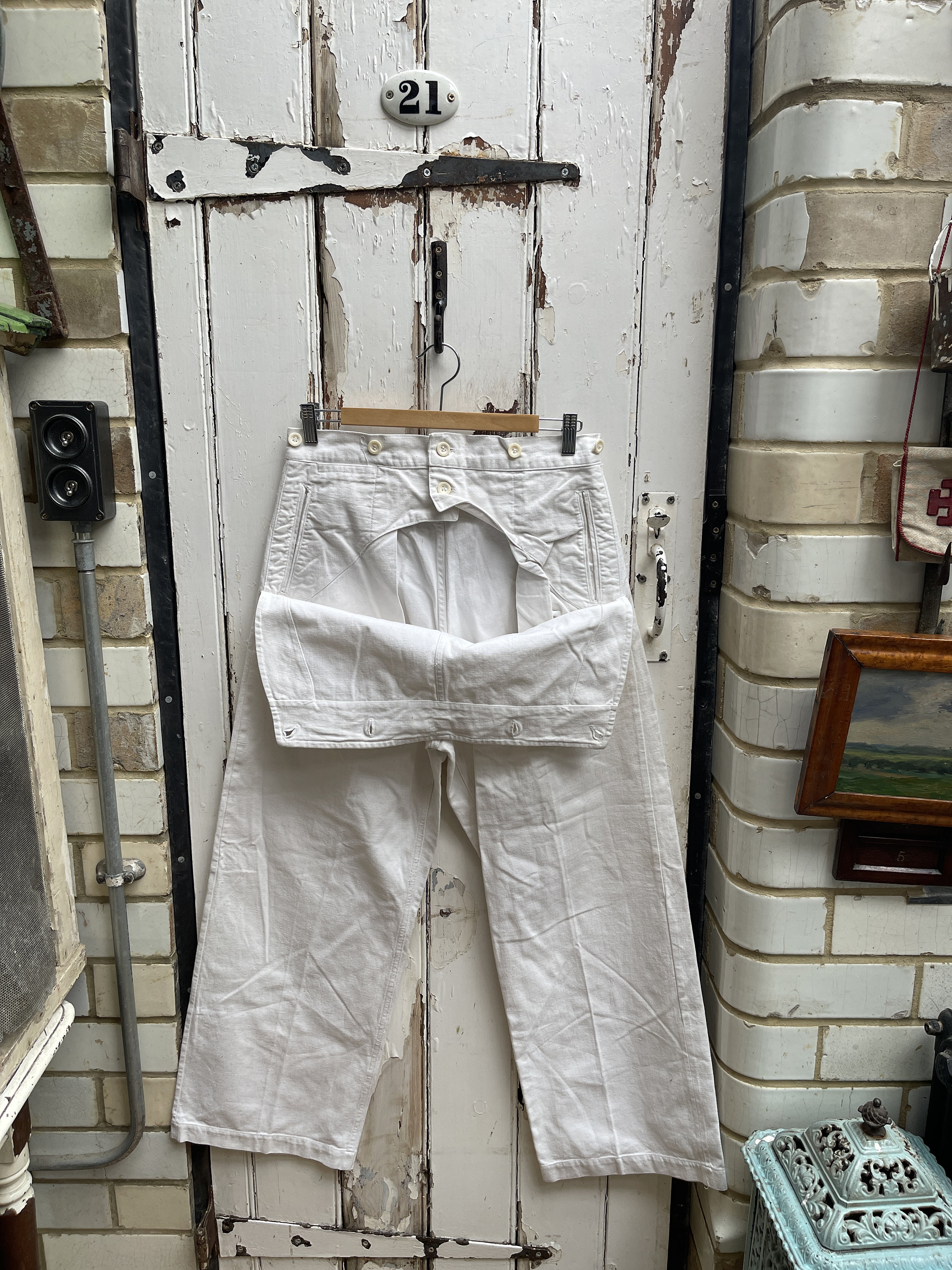 Antique French White Cotton Sailor Trousers With Number Stamp Size