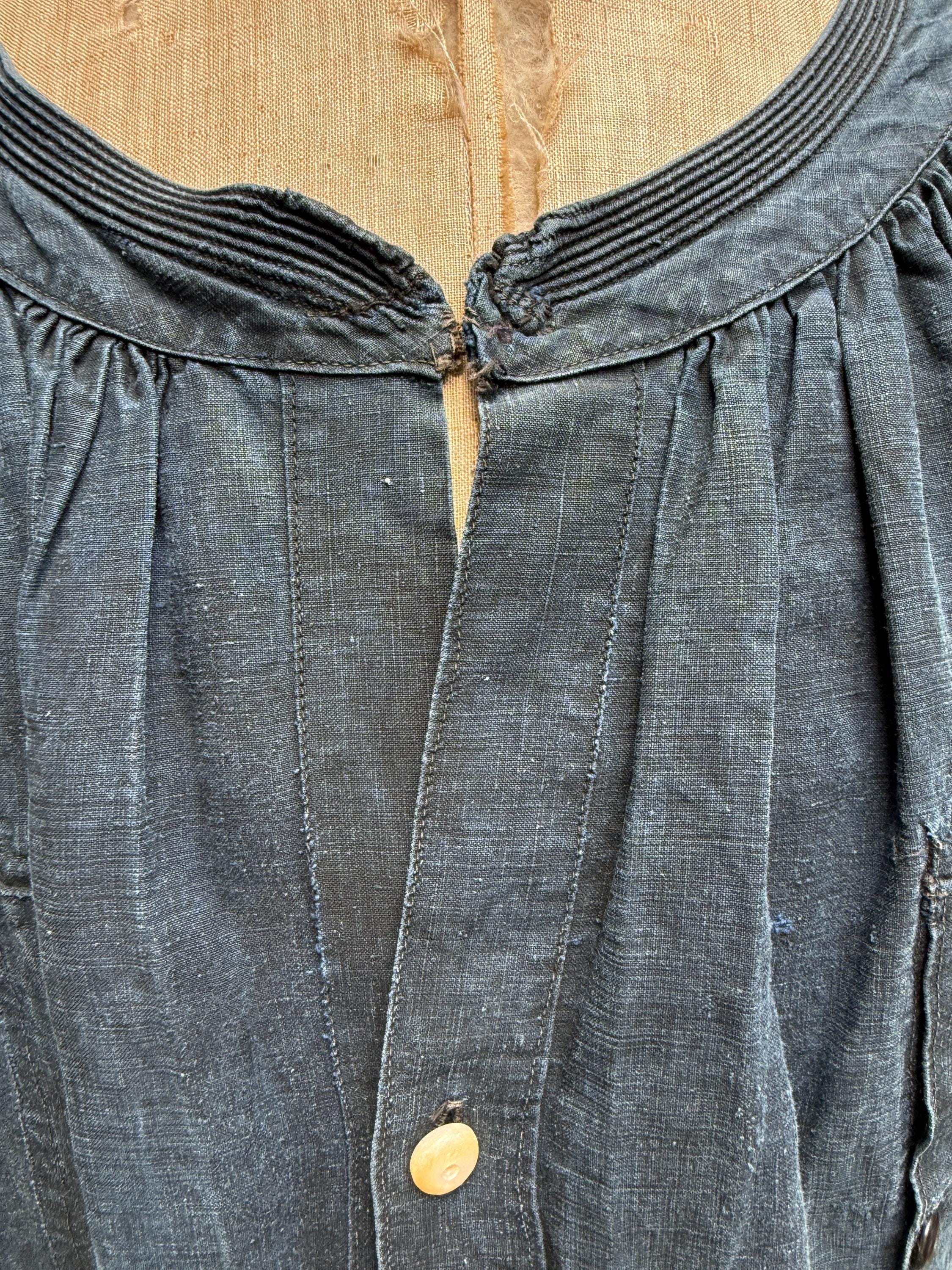Antique French Handmade Indigo Blue Linen Biaude Smock With Front