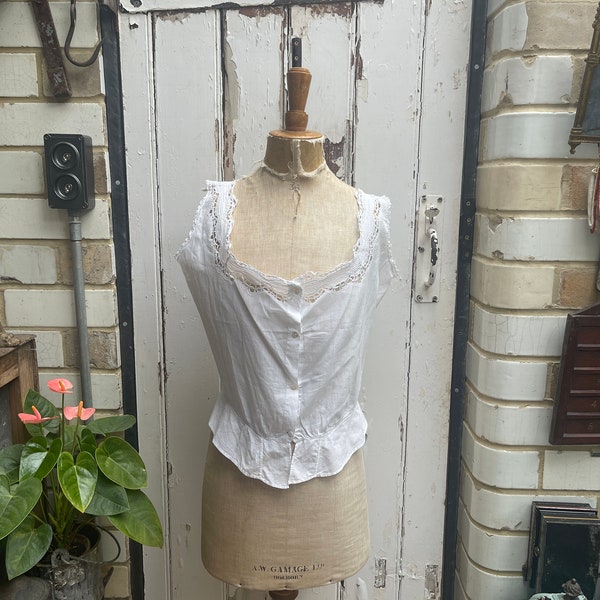 Camisola de algodón blanco antiguo con ribete de encaje, talla M